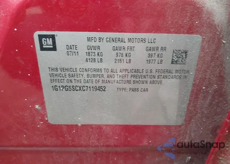 2012 Chevrolet Cruze 2Lt from USA, damaged, VIN 1G1PG5SCXC7119452